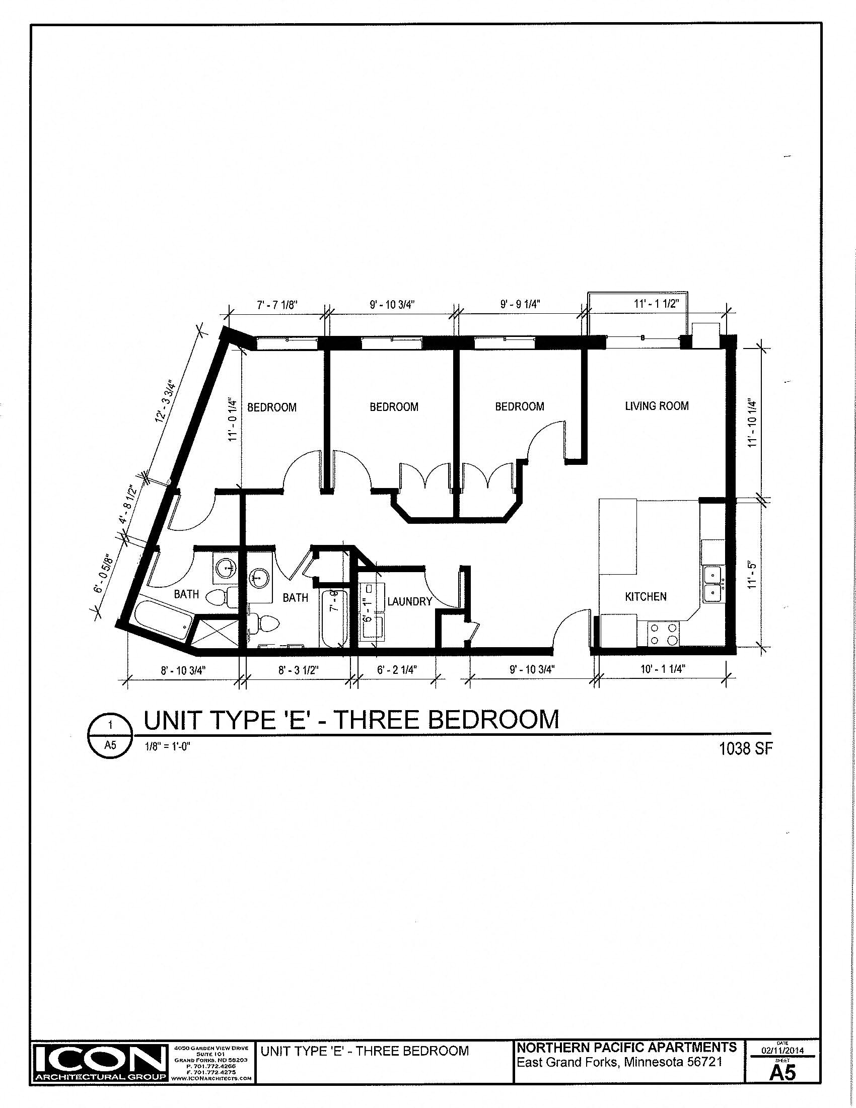 Floor plan for 3 beds, 2 baths, 1038 sqft